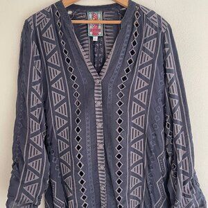 Johnny Was Grey Cotton Geometric Embroidered Top: SIZE SMALL: Worn On Once
